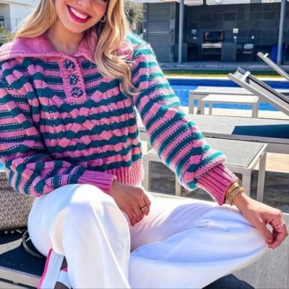 Zara Blogger Fave Striped Textured Knit Peter Pan Collared Sweater Pink & Teal M - Picture 3 of 10